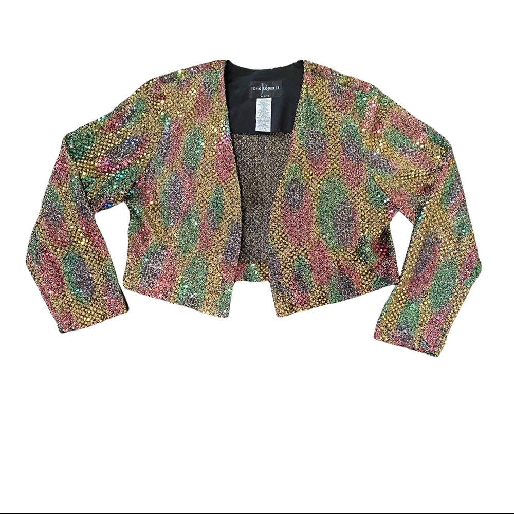 Vintage 80s Rainbow Sequined Bolero Jacket Disco Style